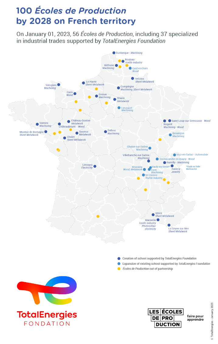 Map of the École de Production sites in France - see detailed description hereafter